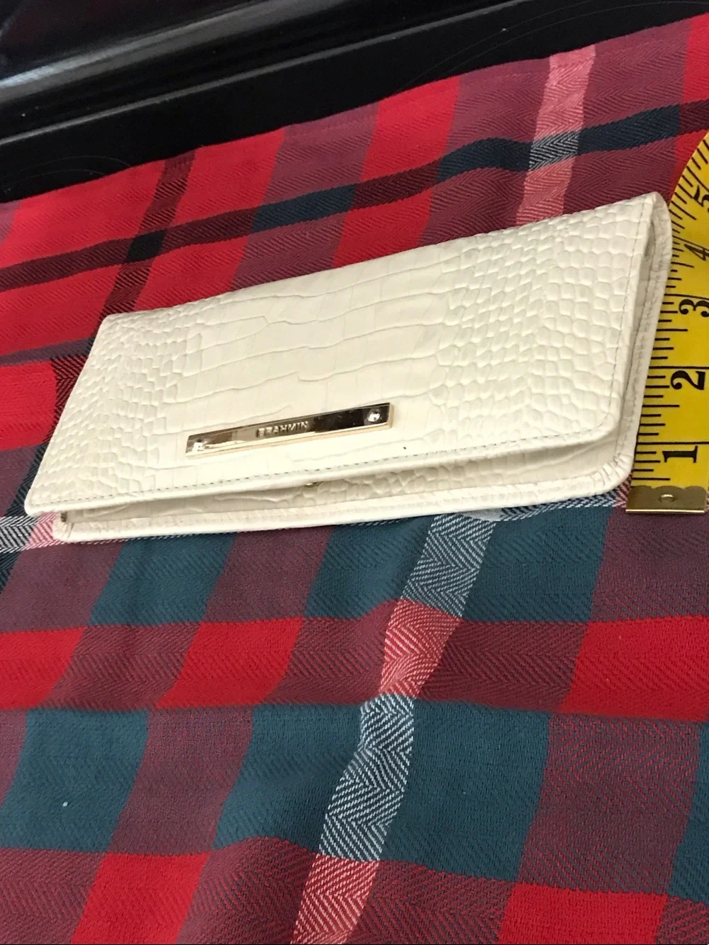 Brahmin White Croc-Embossed Foldover Clutch with Gold Plate